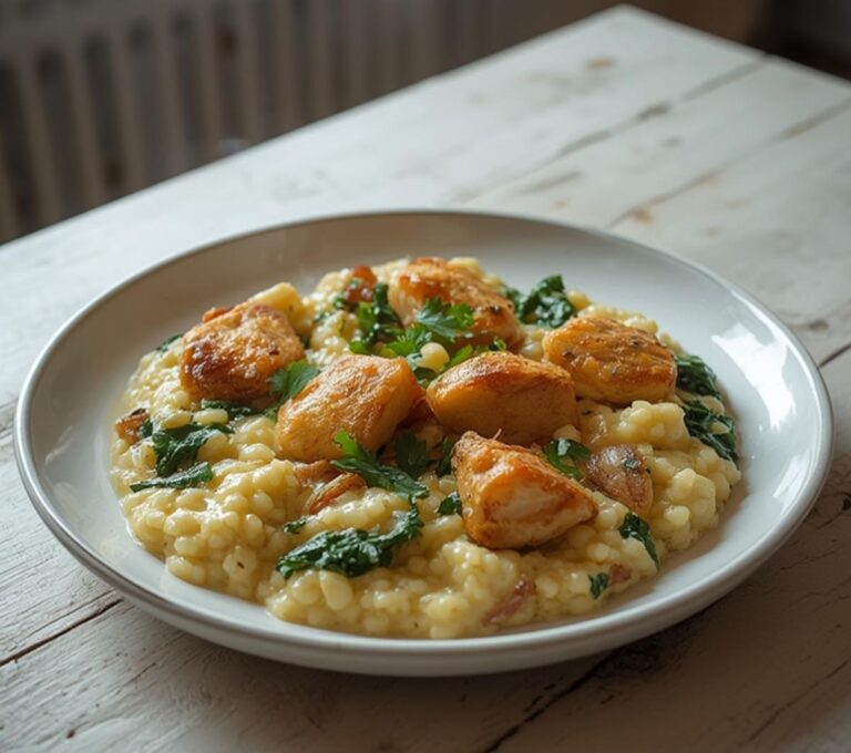 Boursin Chicken Risotto: Creamy Boursin chicken risotto in a skillet with golden chicken and fresh herbs, ready to serve.