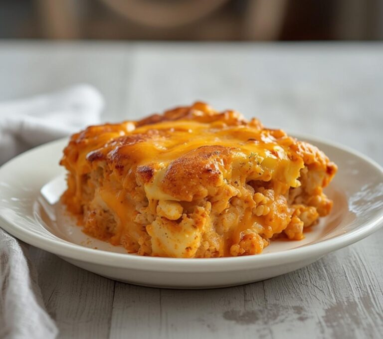 Buffalo Cauliflower Casserole: Golden baked Buffalo Cauliflower Casserole with melted cheese and creamy spicy sauce in a dish