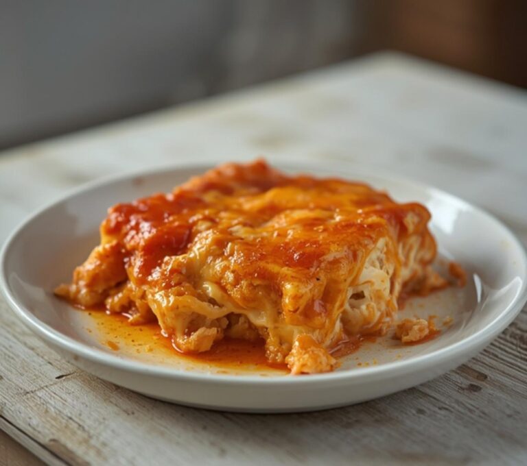Buffalo Chicken Casserole: Golden crispy and glistening Buffalo Chicken Casserole in a baking pan with melted cheese.