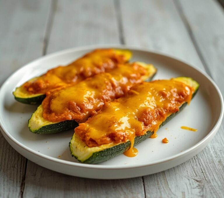 Buffalo Chicken Zucchini Boats: Baked zucchini boats filled with shredded Buffalo chicken and melted cheddar cheese on a parchment-lined tray.