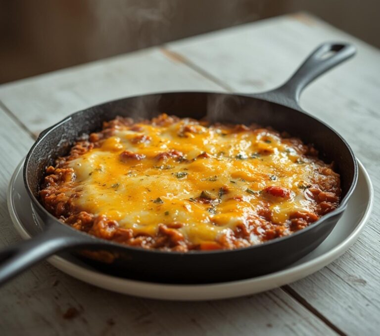 Cheesy Beef Taco Skillet: A golden, bubbling skillet of Cheesy Beef Taco Skillet with melted cheese and seasoned beef.
