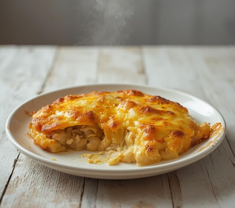 Cheesy Ranch Chicken Bake: A golden, bubbling cheesy ranch chicken bake in a baking dish with a crispy cheese topping.