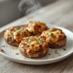 Cheesy Sausage Stuffed Mushrooms: Golden baked cheesy sausage stuffed mushrooms with melted cheddar and parsley on a platter.