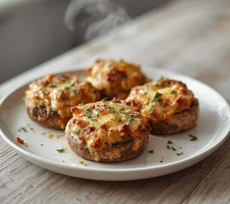 Home 6 Cheesy Sausage Stuffed Mushrooms: Golden baked cheesy sausage stuffed mushrooms with melted cheddar and parsley on a platter.