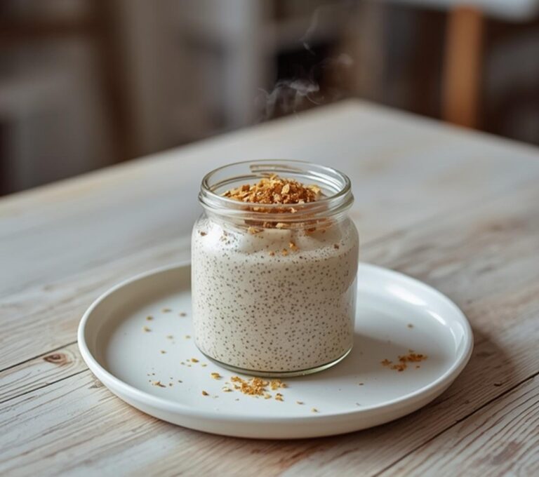 Home 6 Chia Hemp Seed Pudding: Creamy chia hemp seed pudding in a jar with toasted hemp seeds on top, keto breakfast concept.
