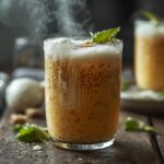 Chia Seed Pudding Drink: Creamy chia seed pudding drink in a glass with amber hue and suspended seeds for weight loss.