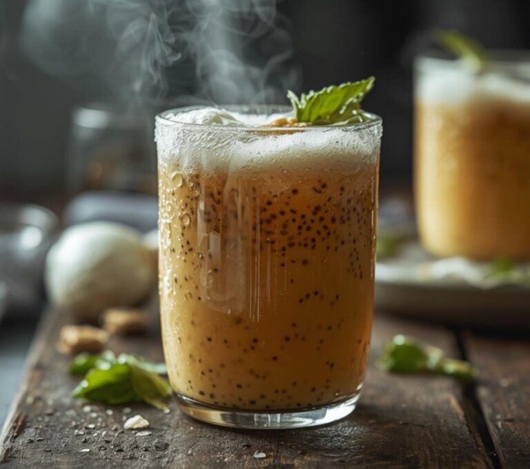 Chia Seed Pudding Drink: Creamy chia seed pudding drink in a glass with amber hue and suspended seeds for weight loss.