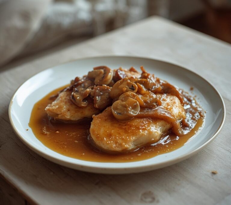 Home 7 Chicken Madeira Skillet: Golden chicken cutlets in a rich, caramel-brown Madeira sauce with mushrooms in a skillet, a perfect keto dinner.