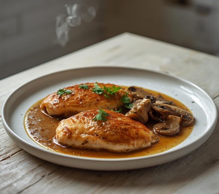 Home 11 Chicken Marsala: Golden pan-seared chicken breasts in a glossy amber mushroom marsala sauce with fresh parsley garnish.
