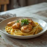 Chicken Piccata Pasta: Golden chicken piccata pasta in a skillet with lemon caper sauce and fresh parsley garnish.