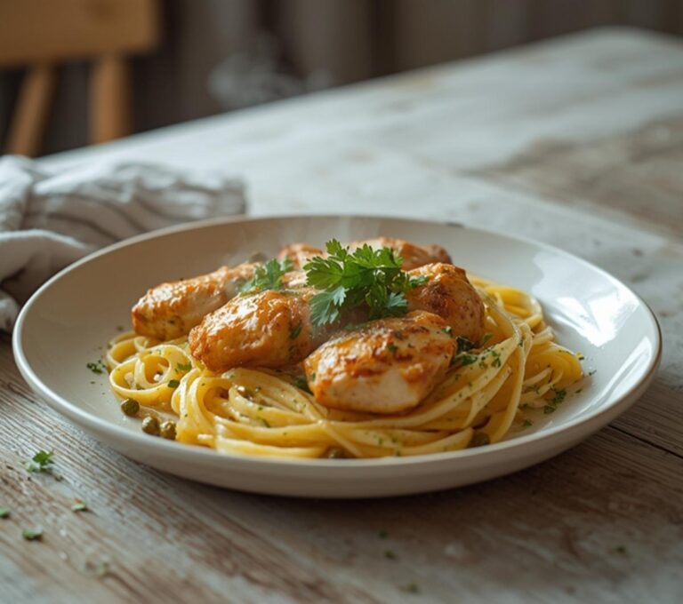 Home 10 Chicken Piccata Pasta: Golden chicken piccata pasta in a skillet with lemon caper sauce and fresh parsley garnish.