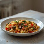 Chickpea Vegetable Couscous: A vibrant bowl of Chickpea Vegetable Couscous with golden grains, ruby-red tomatoes, and glistening olive oil dressing.