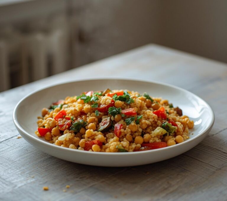 Home 8 Chickpea Vegetable Couscous: A vibrant bowl of Chickpea Vegetable Couscous with golden grains, ruby-red tomatoes, and glistening olive oil dressing.