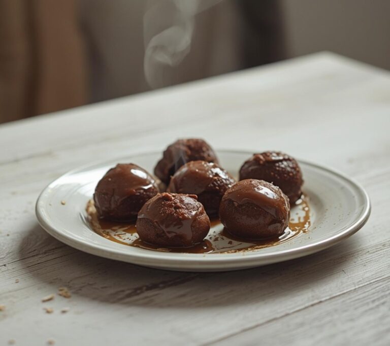 Home 11 Chocolate Almond Butter Bites: Glistening no-bake chocolate almond butter bites on a white plate with a toasted almond garnish.