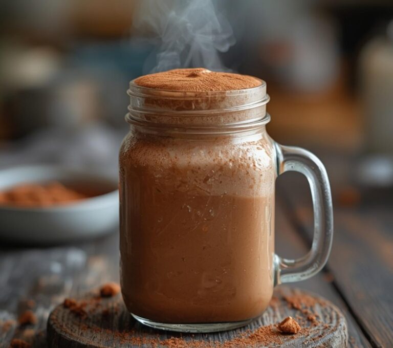 Chocolate Almond Butter Shake: Creamy keto chocolate almond butter shake in a glass, topped with cocoa powder, low-carb breakfast drink.