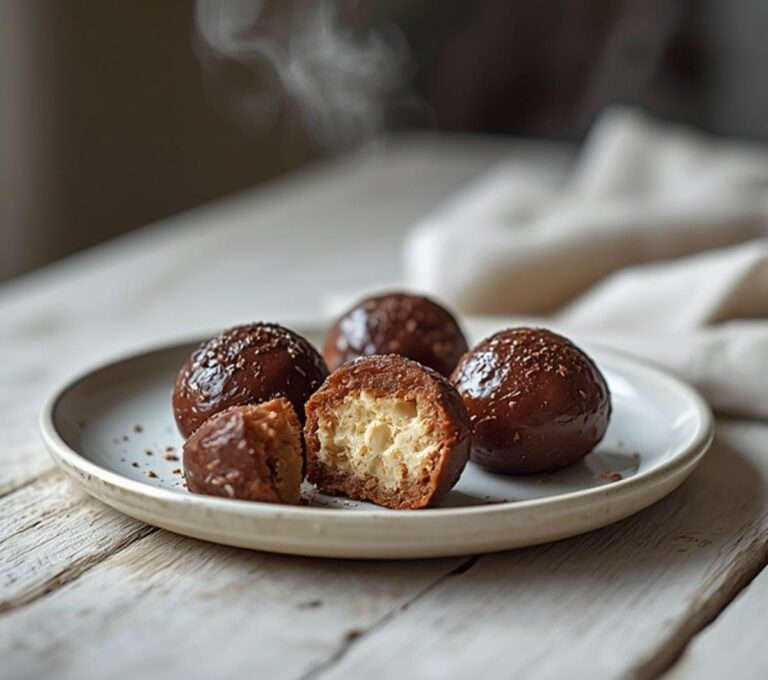 Home 6 Chocolate Hazelnut Truffles Keto: Rich, creamy chocolate hazelnut truffles keto on a plate, with a glistening caramel-brown coating and toasted nut aroma.