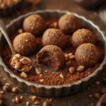 Delicious Chocolate Hazelnut Truffles Keto, coated in crunchy hazelnuts and presented on a rustic tray, perfect for a low-carb treat.