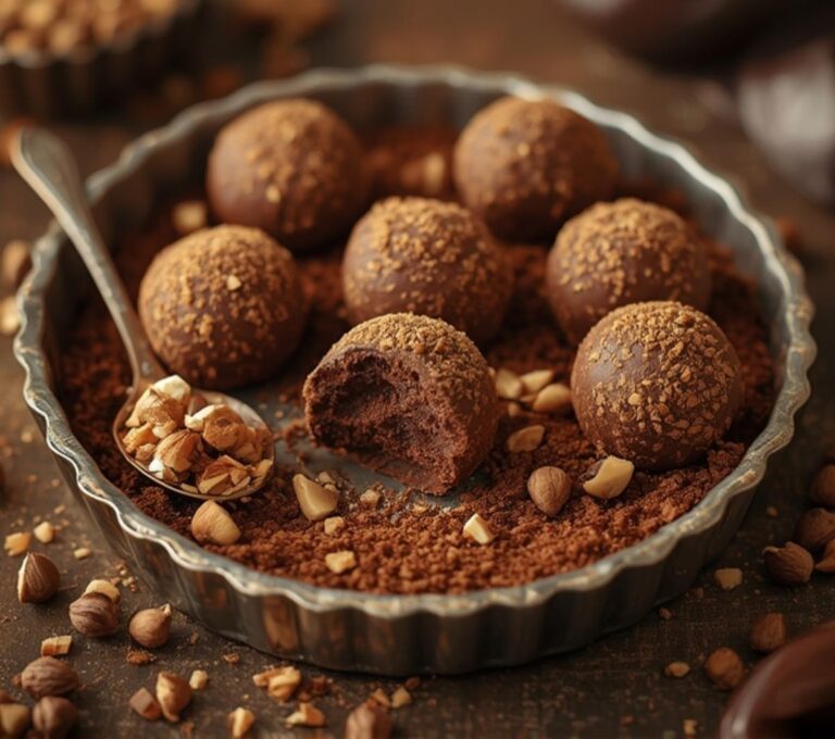 Home 7 Delicious Chocolate Hazelnut Truffles Keto, coated in crunchy hazelnuts and presented on a rustic tray, perfect for a low-carb treat.