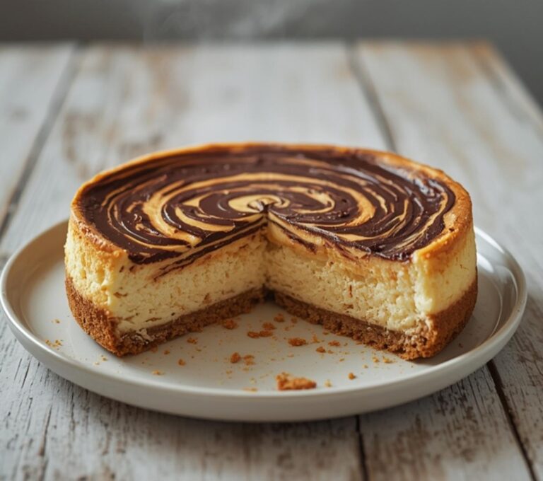 Chocolate Swirl Keto Cheesecake: Creamy Chocolate Swirl Keto Cheesecake with a glistening chocolate pattern on a white plate.