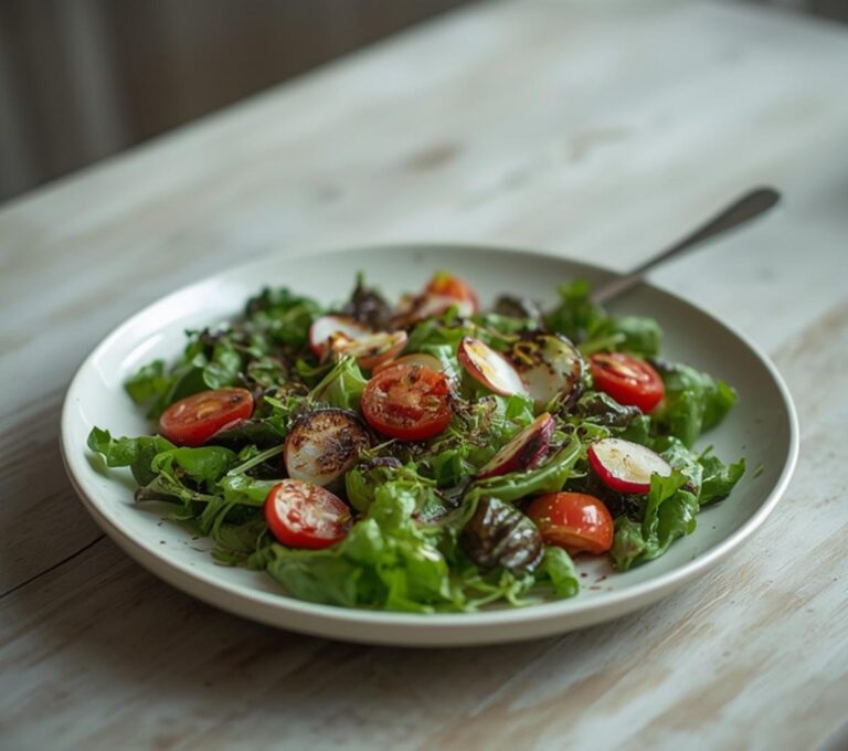 Home 13 Classic French Bistro Salad: Classic French Bistro Salad with crisp greens, tomatoes, and vinaigrette in a bowl.