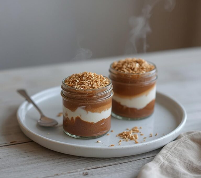 Home 8 Cocoa Coconut Hemp Jars: Jars with cocoa coconut hemp layers, glistening with a toasted seed topping for keto snacking.