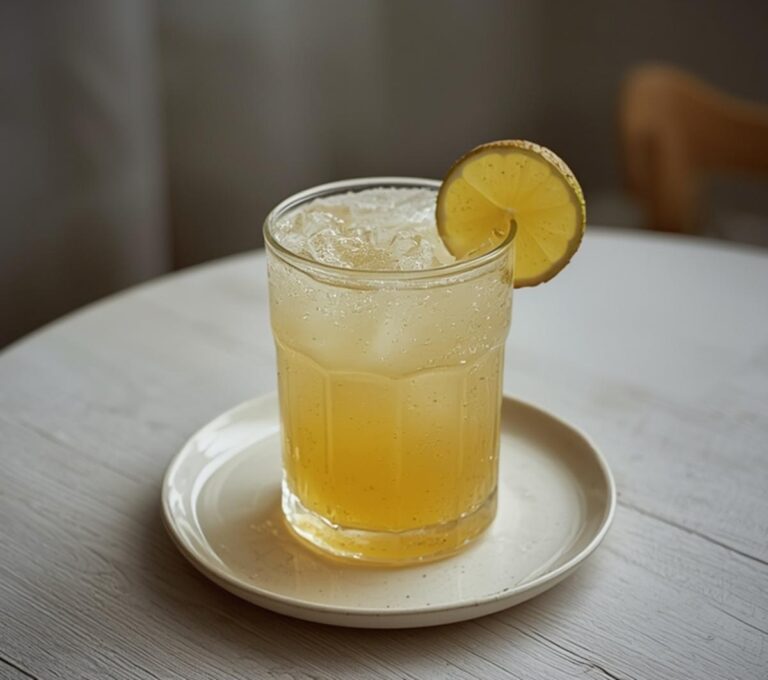 Coconut Water Pineapple Refresher: Glistening golden tropical drink with pineapple chunks and ice in a clear glass, perfect for hydration.