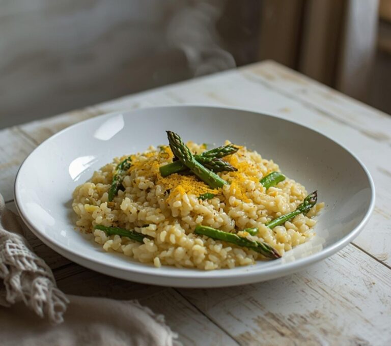 Creamy Asparagus Risotto: Creamy asparagus risotto in a white bowl with glistening parmesan and tender green asparagus pieces.