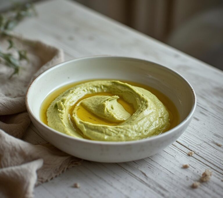 Creamy Avocado Cottage Bowl: Creamy avocado cottage bowl in a white dish with a smooth green texture and a golden olive oil sheen.