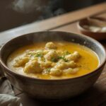 Creamy Cauliflower Chowder: Creamy cauliflower chowder in a rustic bowl with a velvety, golden surface and tender vegetable pieces.