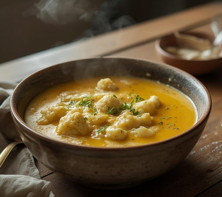 Creamy Cauliflower Chowder: Creamy cauliflower chowder in a rustic bowl with a velvety, golden surface and tender vegetable pieces.