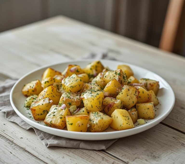 Home 7 Creamy Dill Potato Salad: Creamy dill potato salad in a bowl with golden potatoes, fresh herbs, and glistening dressing.
