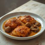Creamy Mushroom Chicken: Creamy mushroom chicken in a skillet with golden chicken and amber sauce, keto dinner idea.