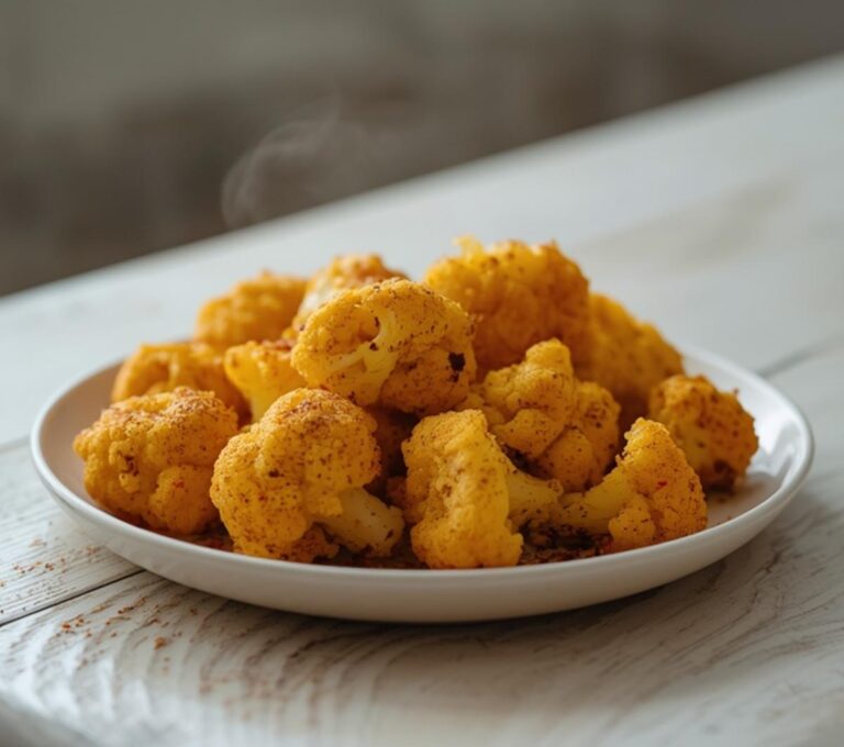 Crispy Cauliflower Bites: Golden crispy cauliflower bites in an air fryer basket, ready to eat.