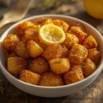 Golden brown and crispy roasted potatoes seasoned with lemon and garlic, garnished with fresh herbs and a lemon slice.