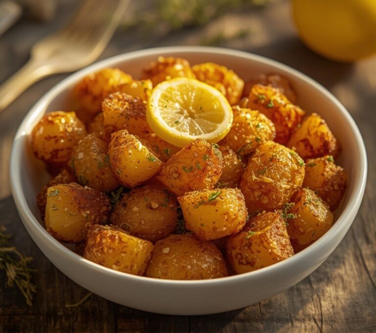 Home 13 Golden brown and crispy roasted potatoes seasoned with lemon and garlic, garnished with fresh herbs and a lemon slice.