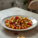 Crispy Roasted Chickpea Salad: A bowl of crispy roasted chickpea salad with golden chickpeas, ruby-red tomatoes, and creamy feta on fresh greens.