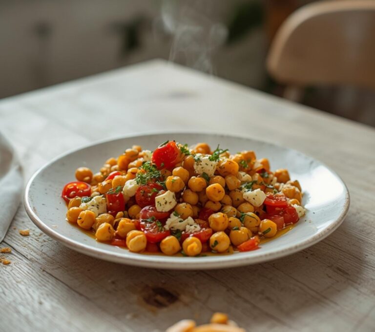 Home 9 Crispy Roasted Chickpea Salad: A bowl of crispy roasted chickpea salad with golden chickpeas, ruby-red tomatoes, and creamy feta on fresh greens.