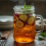 Cucumber Mint Infused Water: Cucumber Mint Infused Water in a clear glass pitcher with sliced cucumbers and fresh mint leaves for hydration.