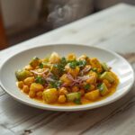 Curried Chickpea Salad: A creamy curried chickpea salad in a white bowl, glistening with dressing and flecked with fresh green herbs and diced vegetables.
