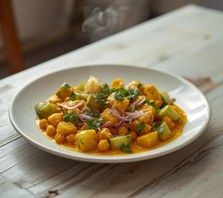 Home 6 Curried Chickpea Salad: A creamy curried chickpea salad in a white bowl, glistening with dressing and flecked with fresh green herbs and diced vegetables.