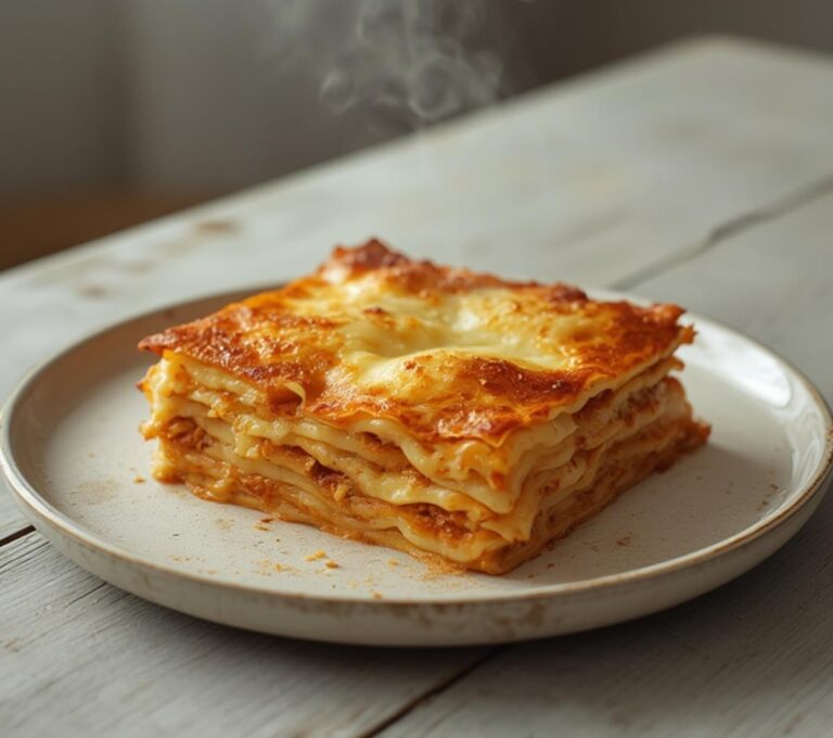 Dumpling Lasagna: Golden baked dumpling lasagna with a creamy cheese layer and caramelized edges.