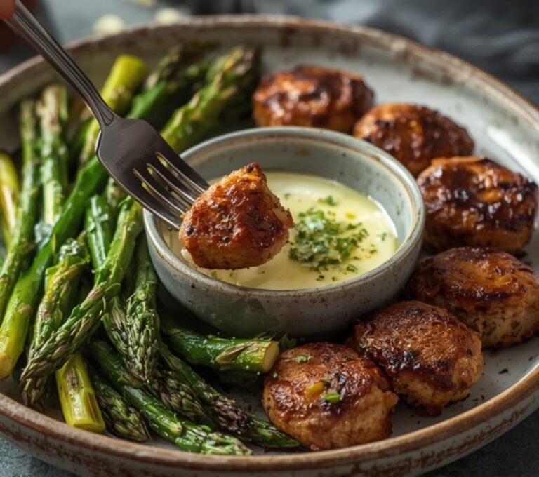 Home 13 A plate of succulent Low Carb Beef Bites served with roasted asparagus and garlic butter dip.