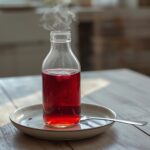 Elderberry Immunity Booster: A ruby-red Elderberry Immunity Booster drink in a glass bottle with a warm honeyed glow, ready to sip.