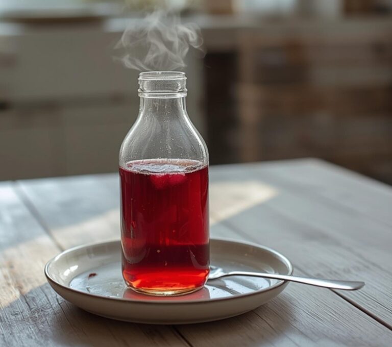 Elderberry Immunity Booster: A ruby-red Elderberry Immunity Booster drink in a glass bottle with a warm honeyed glow, ready to sip.
