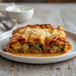 Enchilada Zucchini Bake: Golden, bubbly Enchilada Zucchini Bake with melted cheese and tender zucchini layers in a baking dish.