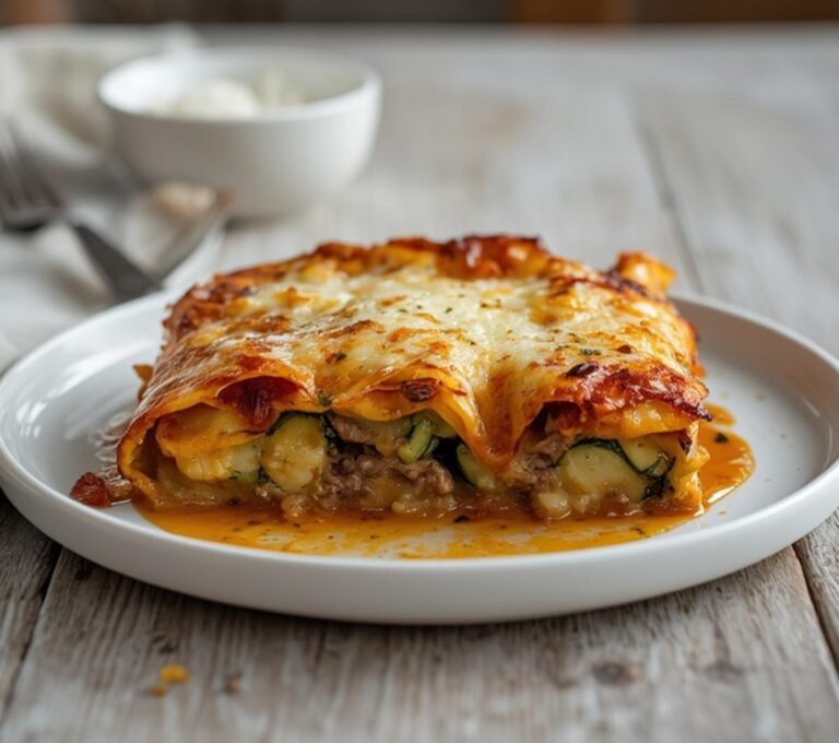 Enchilada Zucchini Bake: Golden, bubbly Enchilada Zucchini Bake with melted cheese and tender zucchini layers in a baking dish.