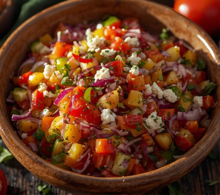 Home 13 A colorful and refreshing Israeli Salad Chopped Fresh, brimming with diced vegetables and feta cheese in a rustic bowl, perfect for a light meal.