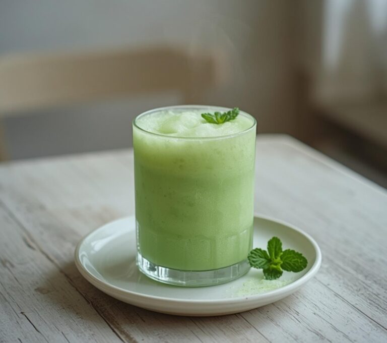 Frozen Matcha Mint Slush: A frosty green Frozen Matcha Mint Slush in a glass, glistening with mint specks and perfect for weight loss.