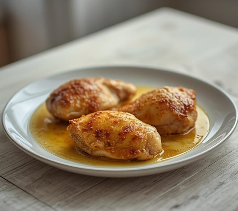 Home 9 Garlic Butter Chicken Thighs: Golden crispy garlic butter chicken thighs in a skillet with a glossy amber sauce.