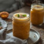 Ginger Peach Metabolism Smoothie: Creamy ginger peach metabolism smoothie in a glass with golden hue and toasted chia seeds.